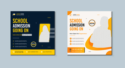 School admission social media post banner design. back to school social media post banner design set. Back to school admission promotion banner. school admission template for social media ad.
