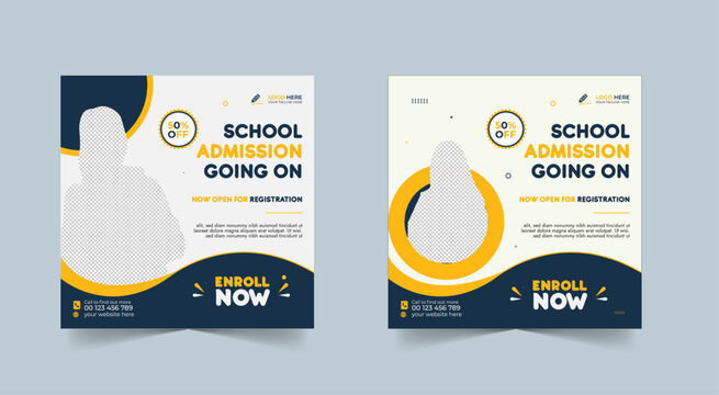 School admission social media post banner design. back to school social media post banner design set. Back to school admission promotion banner. school admission template for social media ad.
