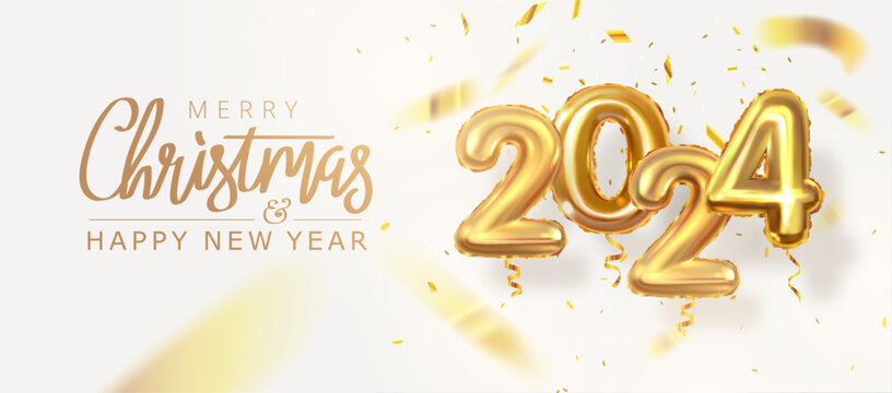 Balloons 2024. Happy New Year and Merry Christmas. Golden numbers 3D. Vector illustration