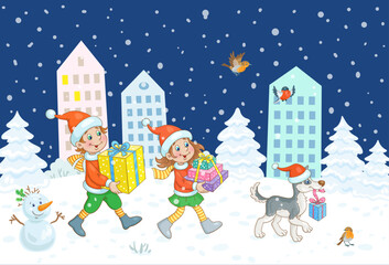 Happy New Year! Funny boy, little girl and cute puppy in Santa costumes are walking through the winter night city and carrying gifts. In cartoon style. Merry Christmas! Vector illustration.
