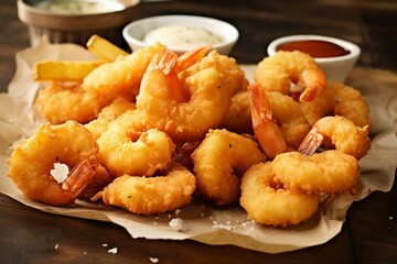 Fried shrimp: battered, deep-fried seafood. Generative AI - obrazy, fototapety, plakaty