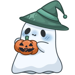 cute Halloween ghost with pumpkin wear green witch hat