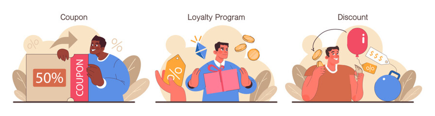 Loyalty program set. Rewards, offers, cashback and card points. Commercial program for client retention. PR campaign for customer loyalty. Marketing promotion. Flat vector illustration