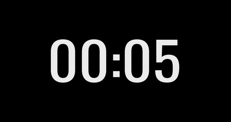 Digital countdown clock timer in one minute or 60 seconds to zero second. White text number on isolated black background. Element for overlay concept. 4K footage motion video