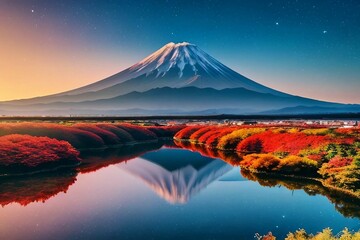 秋の紅葉観光地から望む夕暮れ時の逆さ富士 - obrazy, fototapety, plakaty