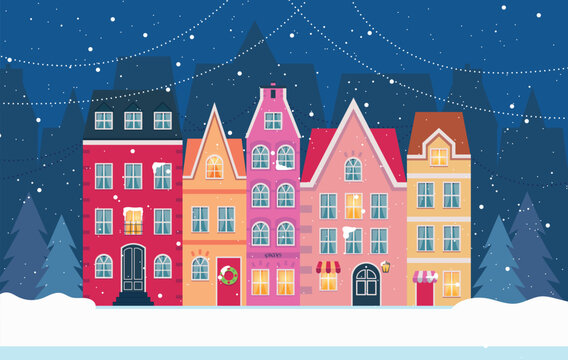 Christmas, winter background. Winter landscape with houses. Winter landscape with houses. Snowy Christmas night in cozy town city panorama. Winter village holiday landscape, vector illustration © m_matvi