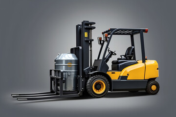 Fototapeta premium industrial Forklift with Oil Drums for Warehouse and logistics concepts, isolated on dark gray background as wide banner with copyspace area for text