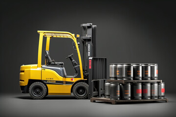 industrial Forklift with Oil Drums for Warehouse and logistics concepts, isolated on dark gray background as wide banner with copyspace area for text