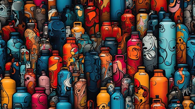 Seamless pattern with colorful graffiti spray cans.