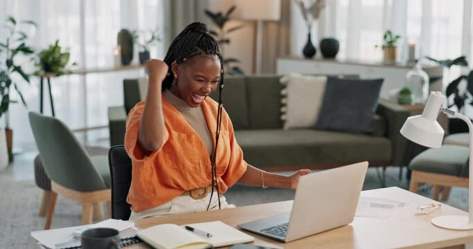 Black woman, achievement in home office and celebration at laptop for remote work, social media or excited blog. Happy girl at desk with computer for winning email, good news and success in freelance