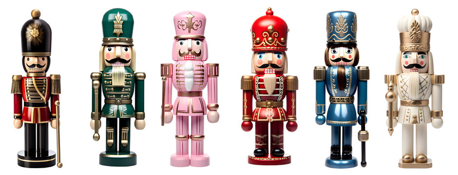 Set of christmas nutcracker toy soldier guard on transparent background cutout, PNG file. Mockup template for artwork graphic design