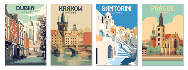Collection Vintage Travel Posters. Vector art. Famous Tourist Destinations Posters Art Prints Wall Art and Print Set Abstract Travel for Hikers Campers Living Room Decor - obrazy, fototapety, plakaty
