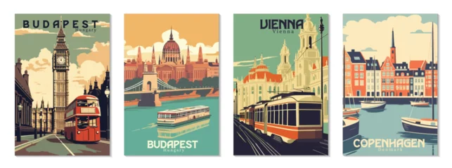 Foto op Canvas Collection Vintage Travel Posters. Vector art. Famous Tourist Destinations Posters Art Prints Wall Art and Print Set Abstract Travel for Hikers Campers Living Room Decor © ImageDesigner