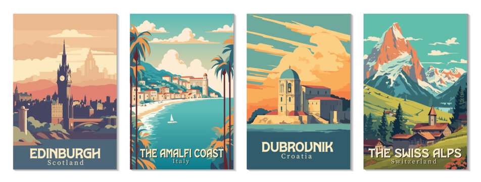 Collection Vintage Travel Posters. Vector art. Famous Tourist Destinations Posters Art Prints Wall Art and Print Set Abstract Travel for Hikers Campers Living Room Decor