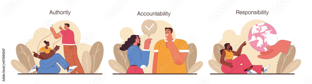 Poster delegation set. task assignment and control. leader or manager transferring a task to a responsible 