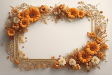 Naklejka na ściany i meble Luxury decor Frame from pumpkins, flowers and fall leaves. Concept of Thanksgiving day or Halloween Design. Wedding or Flowers Frame Background.