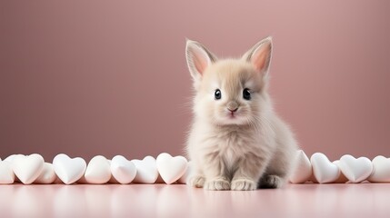 Fototapeta na wymiar minimal lovely bunny sitting next to balloon and white background. valentine creative concept. 