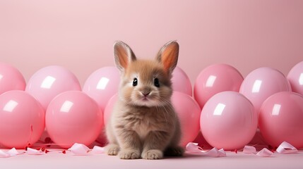 minimal lovely bunny sitting next to balloon and white background.  valentine creative concept. 