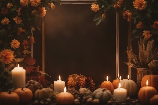 Luxury decor Frame from pumpkins, flowers and fall leaves. Concept of Thanksgiving day or Halloween Design. Wedding or Flowers Frame Background.