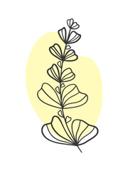 Elegant doodle plant with yellow spot on isolated background. For prints, postcards, emblems.
