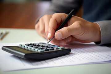 Concentrate on calculating the totals using a calculator and handwriting them on paper using a writing instrument such as a ballpoint pen or fountain pen. Handcraft and stationery concept.