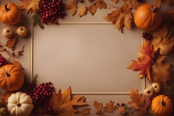 Naklejka na ściany i meble Festive autumn decor Frame from pumpkins, flowers and fall leaves. Concept of Thanksgiving day or Halloween Design. Wedding or Flowers Frame Background.