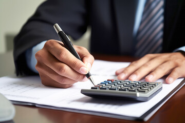 Concentrate on calculating the totals using a calculator and handwriting them on paper using a writing instrument such as a ballpoint pen or fountain pen. Handcraft and stationery concept.