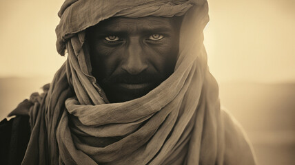 B&W sepia portrait of a Bedouin tribal elder in the desert. Exhausted, weary expression and meaningful gaze.