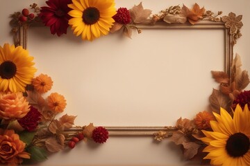 Naklejka na ściany i meble Festive autumn decor Frame from pumpkins, flowers and fall leaves. Concept of Thanksgiving day or Halloween Design. Wedding or Flowers Frame Background.