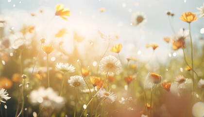 Obraz na płótnie Canvas Blumen Pollen fliegen mit viel Licht auf einer bunten Blumenwiese herum als Hintergrund
