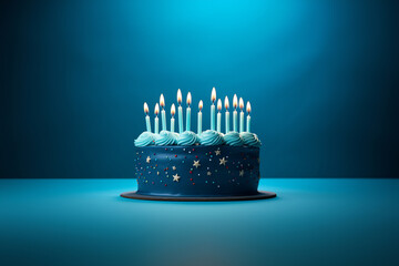 A tasty birthday cake with many colorful lit candles and decorated with rainbow sprinkle is isolated on the blue  white background. Generative AI. - obrazy, fototapety, plakaty