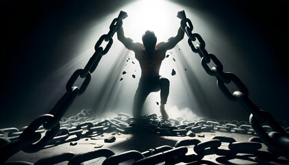Hombre musculado y valiente rompe cadenas con fuerza y determinación, simbolizando libertad, superación y empoderamiento.