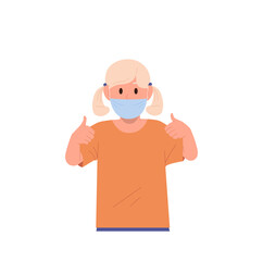 Obraz premium Little girl child cartoon character wearing medical facial mask respirator gesturing thumbs-up