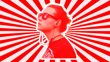 Young woman headphones social media ad creative digital art collage red sunburst background. Listen to music play sound app song playlist podcast Modern funky trendy graphic Online streaming platform.