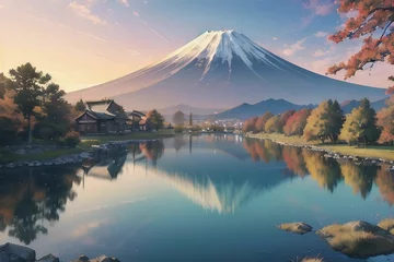 Fotobehang 秋の紅葉観光地から望む朝方の逆さ富士のイラスト © evolkeng