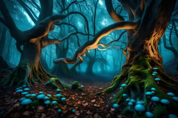 An enchanted forest scene with ancient trees, their gn