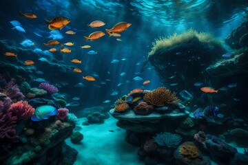 Naklejka na ściany i meble An otherworldly underwater scene, where coral reefs teem with exotic m