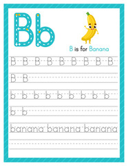 Trace letter B uppercase and lowercase. Alphabet tracing practice preschool worksheet for kids learning English with cartoon banana. Activity page for Pre K, kindergarten. Vector illustration
