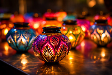 beautiful colorful lamps for arabic festivals, postcard, generative AI