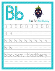 Trace letter B uppercase and lowercase. Alphabet tracing practice preschool worksheet for kids learning English with cartoon blackberry. Activity page for Pre K, kindergarten. Vector illustration