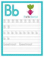 Trace letter B uppercase and lowercase. Alphabet tracing practice preschool worksheet for kids learning English with cartoon beetroot. Activity page for Pre K, kindergarten. Vector illustration
