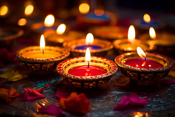 beautiful colorful clay Indian Diwali Diye lamps for Diwali festival, postcard, generative ai