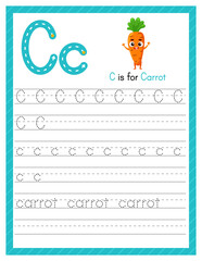 Trace letter C uppercase and lowercase. Alphabet tracing practice preschool worksheet for kids learning English with cartoon carrot. Activity page for Pre K, kindergarten. Vector illustration