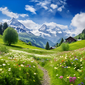 landscape in the mountains,A Field of Flowers in Front of a Majestic Mountain,HD Walpaper
