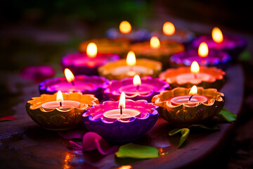 beautiful colorful clay Indian Diwali Diye lamps for Diwali festival, Diwali postcard, generative AI
