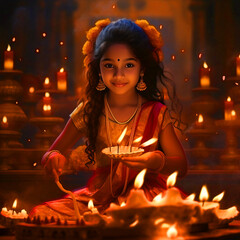 beautiful hindu girl with beautiful colorful clay indian Diwali Diye lamps for Diwali festival, postcard, generative AI