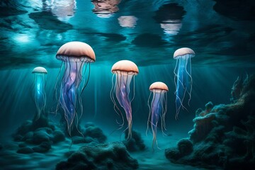 A surreal underwater world with surreal, bioluminescent jellyfish gracefully floating through the deep, casting an otherworldly, eerie light. --