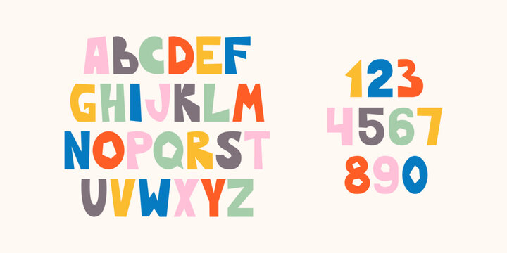 Colorful alphabet and numbers with decorative doodle elements Cutout childish letters and number collection Playful style design