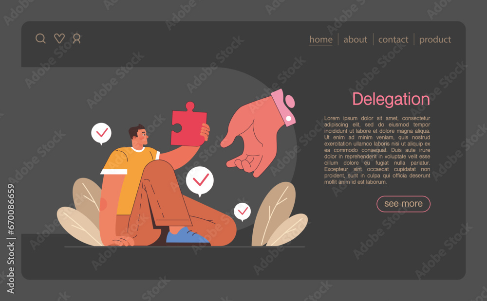 Poster delegation web banner or landing page dark or night mode. task assignment and control. manager trans