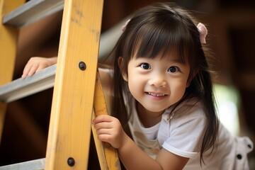 Young Child Climbing Up Wooden Ladder